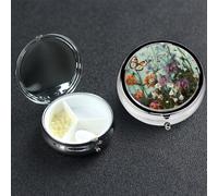 Pill Box 3 Compartment Metal Medicine Pills Organizer Butterflies and Flowers Pill Case for Purse or Pocket Mini Portable Travel Pills Holder to Hold Supplements Vitamins Fish Oil