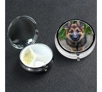 Pill Box 3 Compartment Metal Medicine Pills Organizer Cute German Shepherd Pill Case for Purse or Pocket Mini Portable Travel Pills Holder to Hold Supplements Vitamins Fish Oil