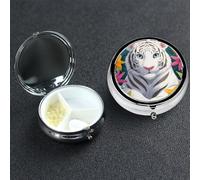 Pill Box 3 Compartment Metal Medicine Pills Organizer Cute White Tigers Pill Case for Purse or Pocket Mini Portable Travel Pills Holder to Hold Supplements Vitamins Fish Oil