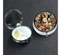 Pill Box 3 Compartment Metal Medicine Pills Organizer Easter Bunny and Flowers Pill Case for Purse or Pocket Mini Portable Travel Pills Holder to Hold Supplements Vitamins Fish Oil