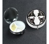 Pill Box 3 Compartment Metal Medicine Pills Organizer French Bulldog Pill Case for Purse or Pocket Mini Portable Travel Pills Holder to Hold Supplements Vitamins Fish Oil