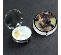 Pill Box 3 Compartment Metal Medicine Pills Organizer German Shepherd Puppy Pill Case for Purse or Pocket Mini Portable Travel Pills Holder to Hold Supplements Vitamins Fish Oil