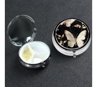 Pill Box 3 Compartment Metal Medicine Pills Organizer Gold White Butterflies Black Pill Case for Purse or Pocket Mini Portable Travel Pills Holder to Hold Supplements Vitamins Fish Oil