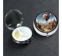 Pill Box 3 Compartment Metal Medicine Pills Organizer Hot air Balloon Flying Over The roof Pill Case for Purse or Pocket Mini Portable Travel Pills Holder to Hold Supplements Vitamins Fish Oil