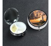 Pill Box 3 Compartment Metal Medicine Pills Organizer Lighthouse at Sunset Pill Case for Purse or Pocket Mini Portable Travel Pills Holder to Hold Supplements Vitamins Fish Oil