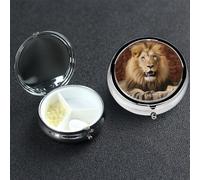 Pill Box 3 Compartment Metal Medicine Pills Organizer Lion Sitting on Blanket Pill Case for Purse or Pocket Mini Portable Travel Pills Holder to Hold Supplements Vitamins Fish Oil