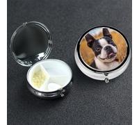 Pill Box 3 Compartment Metal Medicine Pills Organizer Lovely Boston Terrier Pill Case for Purse or Pocket Mini Portable Travel Pills Holder to Hold Supplements Vitamins Fish Oil