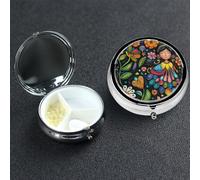 Pill Box 3 Compartment Metal Medicine Pills Organizer Mexican Folk Art Boho Pill Case for Purse or Pocket Mini Portable Travel Pills Holder to Hold Supplements Vitamins Fish Oil