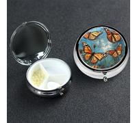 Pill Box 3 Compartment Metal Medicine Pills Organizer Monarch Butterflies Pill Case for Purse or Pocket Mini Portable Travel Pills Holder to Hold Supplements Vitamins Fish Oil
