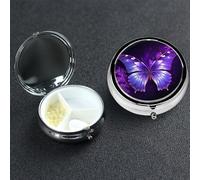 Pill Box 3 Compartment Metal Medicine Pills Organizer Purple Butterfly Pill Case for Purse or Pocket Mini Portable Travel Pills Holder to Hold Supplements Vitamins Fish Oil