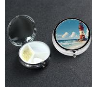Pill Box 3 Compartment Metal Medicine Pills Organizer Sea Lighthouse Sandbeach Pill Case for Purse or Pocket Mini Portable Travel Pills Holder to Hold Supplements Vitamins Fish Oil