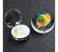 Pill Box 3 Compartment Metal Medicine Pills Organizer Softball Baseball on Fire and Water Pill Case for Purse or Pocket Mini Portable Travel Pills Holder to Hold Supplements Vitamins Fish Oil