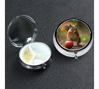 Pill Box 3 Compartment Metal Medicine Pills Organizer Squirrel Holding Fruit Pill Case for Purse or Pocket Mini Portable Travel Pills Holder to Hold Supplements Vitamins Fish Oil