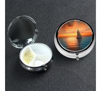 Pill Box 3 Compartment Metal Medicine Pills Organizer Sunset Beach Pill Case for Purse or Pocket Mini Portable Travel Pills Holder to Hold Supplements Vitamins Fish Oil