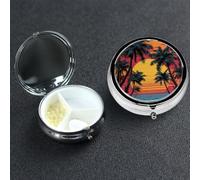 Pill Box 3 Compartment Metal Medicine Pills Organizer Tropical Beach Palm Tree Sunset Pill Case for Purse or Pocket Mini Portable Travel Pills Holder to Hold Supplements Vitamins Fish Oil