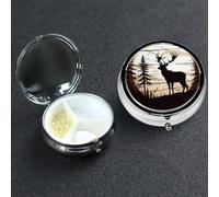 Pill Box 3 Compartment Metal Medicine Pills Organizer Wild Elk Silhouette Pill Case for Purse or Pocket Mini Portable Travel Pills Holder to Hold Supplements Vitamins Fish Oil