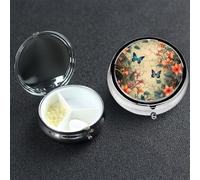 Pill Box 3 Compartment Metal Medicine Pills Organizer with Butterflies and Floral Vines Pill Case for Purse or Pocket Mini Portable Travel Pills Holder to Hold Supplements Vitamins Fish Oil