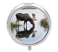 Pill Box 3 Compartment Moose Drink Lake Water Travel Pill Case with Mirror Waterproof Medicine Pills Organizer 3 Times A Day Portable Med Container for Purse & Pocket Round Silver