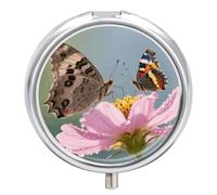 Pill Box 3 Compartment Moth Butterfly Travel Pill Case with Mirror Waterproof Medicine Pills Organizer 3 Times A Day Portable Med Container for Purse & Pocket Round Silver