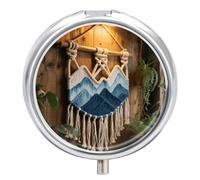 Pill Box 3 Compartment Mountain Dip-Dyed Macrame Travel Pill Case with Mirror Waterproof Medicine Pills Organizer 3 Times A Day Portable Med Container for Purse & Pocket Round Silver