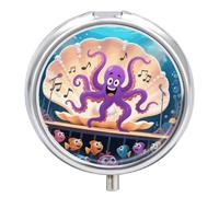 Pill Box 3 Compartment Octopus Cartoon Travel Pill Case with Mirror Waterproof Medicine Pills Organizer 3 Times A Day Portable Med Container for Purse & Pocket Round Silver
