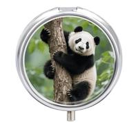 Pill Box 3 Compartment Panda Climbs Tree Travel Pill Case with Mirror Waterproof Medicine Pills Organizer 3 Times A Day Portable Med Container for Purse & Pocket Round Silver