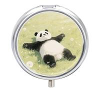Pill Box 3 Compartment Panda Lying on The Lawn Travel Pill Case with Mirror Waterproof Medicine Pills Organizer 3 Times A Day Portable Med Container for Purse & Pocket Round Silver