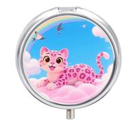 Pill Box 3 Compartment Pink Leopard Travel Pill Case with Mirror Waterproof Medicine Pills Organizer 3 Times A Day Portable Med Container for Purse & Pocket Round Silver