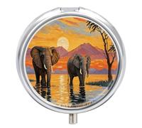 Pill Box 3-Compartment Portable Pill Case African Sunset Elephant Herd Round Metal Medication Organizer Small Weekly Medication Case with Mirror Stylish Vitamin Holder for Purse Pocket Travel