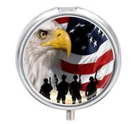 Pill Box 3-Compartment Portable Pill Case American Soldiers and Eagles Round Metal Medication Organizer Small Weekly Medication Case with Mirror Stylish Vitamin Holder for Purse Pocket Travel