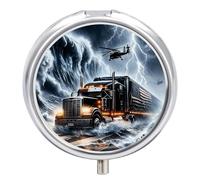 Pill Box 3-Compartment Portable Pill Case American Trucks in The Storm Round Metal Medication Organizer Small Weekly Medication Case with Mirror Stylish Vitamin Holder for Purse Pocket Travel