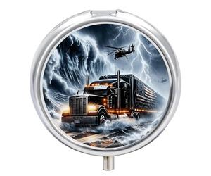 Pill Box 3-Compartment Portable Pill Case American Trucks in The Storm Round Metal Medication Organizer Small Weekly Medication Case with Mirror Stylish Vitamin Holder for Purse Pocket Travel