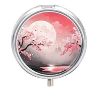 Pill Box 3-Compartment Portable Pill Case Cherry Blossoms Round Metal Medication Organizer Small Weekly Medication Case with Mirror Stylish Vitamin Holder for Purse Pocket Travel