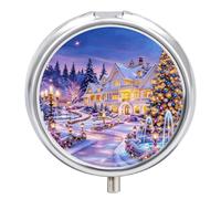 Pill Box 3-Compartment Portable Pill Case Christmas Manor Round Metal Medication Organizer Small Weekly Medication Case with Mirror Stylish Vitamin Holder for Purse Pocket Travel