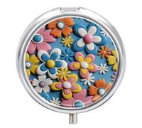Pill Box 3-Compartment Portable Pill Case Colorful Retro Flowers Round Metal Medication Organizer Small Weekly Medication Case with Mirror Stylish Vitamin Holder for Purse Pocket Travel