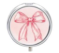 Pill Box 3-Compartment Portable Pill Case Cute Pink Bow Round Metal Medication Organizer Small Weekly Medication Case with Mirror Stylish Vitamin Holder for Purse Pocket Travel
