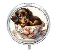 Pill Box 3-Compartment Portable Pill Case Dachshund Puppy in Teacup Round Metal Medication Organizer Small Weekly Medication Case with Mirror Stylish Vitamin Holder for Purse Pocket Travel