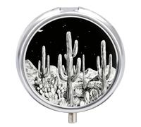 Pill Box 3-Compartment Portable Pill Case Desert Cactus Moon Midnight Round Metal Medication Organizer Small Weekly Medication Case with Mirror Stylish Vitamin Holder for Purse Pocket Travel