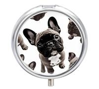 Pill Box 3-Compartment Portable Pill Case French Bulldog Round Metal Medication Organizer Small Weekly Medication Case with Mirror Stylish Vitamin Holder for Purse Pocket Travel