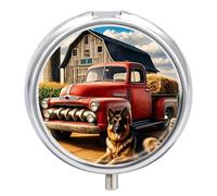 Pill Box 3-Compartment Portable Pill Case German Shepherds and Vintage Trucks Round Metal Medication Organizer Small Weekly Medication Case with Mirror Stylish Vitamin Holder for Purse Pocket Travel
