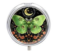 Pill Box 3-Compartment Portable Pill Case Green Luna Moth Floral Round Metal Medication Organizer Small Weekly Medication Case with Mirror Stylish Vitamin Holder for Purse Pocket Travel