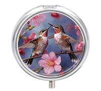 Pill Box 3-Compartment Portable Pill Case Humming Birds with Pink Round Metal Medication Organizer Small Weekly Medication Case with Mirror Stylish Vitamin Holder for Purse Pocket Travel