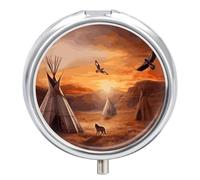 Pill Box 3-Compartment Portable Pill Case Native American Tribes Round Metal Medication Organizer Small Weekly Medication Case with Mirror Stylish Vitamin Holder for Purse Pocket Travel
