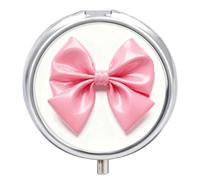 Pill Box 3-Compartment Portable Pill Case Pink Bow Round Metal Medication Organizer Small Weekly Medication Case with Mirror Stylish Vitamin Holder for Purse Pocket Travel