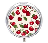 Pill Box 3-Compartment Portable Pill Case Red Cherry Pattern Round Metal Medication Organizer Small Weekly Medication Case with Mirror Stylish Vitamin Holder for Purse Pocket Travel