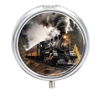 Pill Box 3-Compartment Portable Pill Case Steam Train Round Metal Medication Organizer Small Weekly Medication Case with Mirror Stylish Vitamin Holder for Purse Pocket Travel