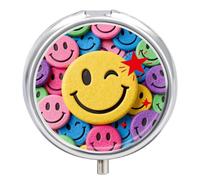 Pill Box 3-Compartment Portable Pill Case Yellow Star Happy Face Round Metal Medication Organizer Small Weekly Medication Case with Mirror Stylish Vitamin Holder for Purse Pocket Travel