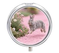Pill Box 3 Compartment Rabbit and Flowers Travel Pill Case with Mirror Waterproof Medicine Pills Organizer 3 Times A Day Portable Med Container for Purse & Pocket Round Silver