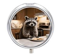 Pill Box 3 Compartment Raccoon Reaches for Food Travel Pill Case with Mirror Waterproof Medicine Pills Organizer 3 Times A Day Portable Med Container for Purse & Pocket Round Silver