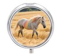 Pill Box 3 Compartment Rainbow Horse Travel Pill Case with Mirror Waterproof Medicine Pills Organizer 3 Times A Day Portable Med Container for Purse & Pocket Round Silver
